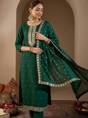 Women Ethnic Motifs Embroidered Regular Thread Work Kurta with Trousers & With Dupatta 1