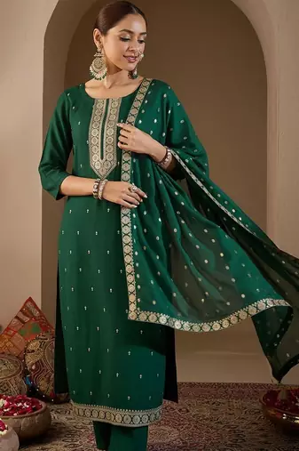 Women Ethnic Motifs Embroidered Regular Thread Work Kurta with Trousers & With Dupatta