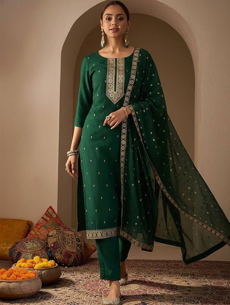 Women Ethnic Motifs Embroidered Regular Thread Work Kurta with Trousers & With Dupatta