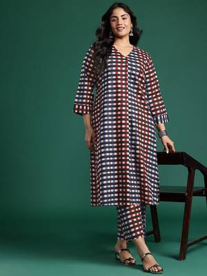 Plus Size Pleated Checked Cotton Kurta with Palazzos 1