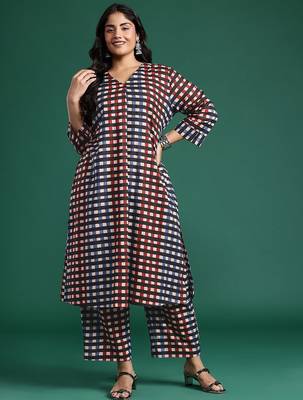 Plus Size Pleated Checked Cotton Kurta with Palazzos 4