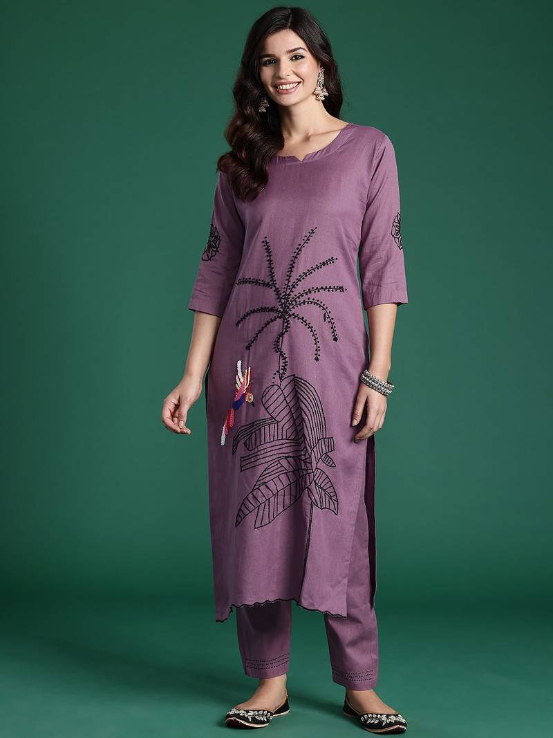 Women Floral Embroidered Regular Thread Work Pure Cotton Kurta with Trousers