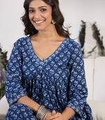 V-Neck Floral Printed Empire Pure Cotton Kurta with Trouser