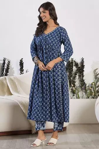 V-Neck Floral Printed Empire Pure Cotton Kurta with Trouser