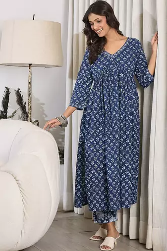 V-Neck Floral Printed Empire Pure Cotton Kurta with Trouser