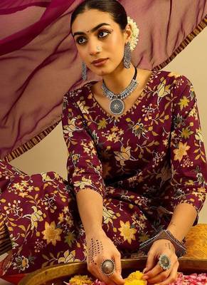 Floral Printed V-Neck Pure Cotton Straight Kurta With Trousers & Dupatta 1