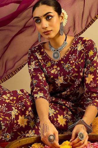 Floral Printed V-Neck Pure Cotton Straight Kurta With Trousers & Dupatta