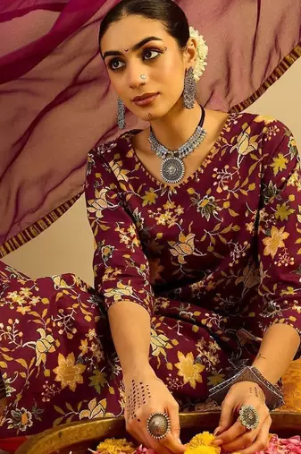 Floral Printed V-Neck Pure Cotton Straight Kurta With Trousers & Dupatta