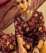 Floral Printed V-Neck Pure Cotton Straight Kurta With Trousers & Dupatta