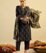 Navy Blue Floral Printed V-Neck Pure Cotton Kurta with Trousers & Dupatta