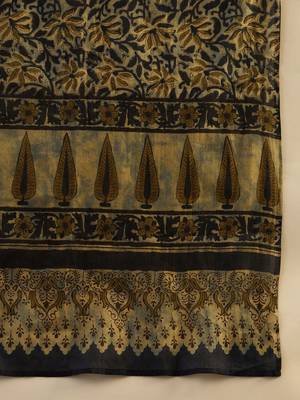 Navy Blue Floral Printed V-Neck Pure Cotton Kurta with Trousers & Dupatta 4