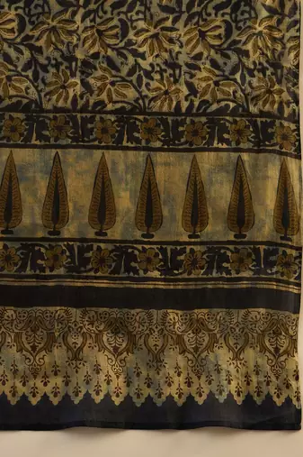 Navy Blue Floral Printed V-Neck Pure Cotton Kurta with Trousers & Dupatta