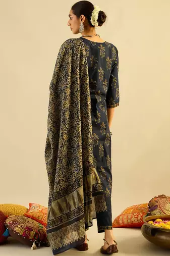Navy Blue Floral Printed V-Neck Pure Cotton Kurta with Trousers & Dupatta