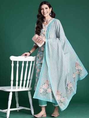 Women Floral Printed Regular Mirror Work Pure Cotton Kurta with Trousers & With Dupatta 1