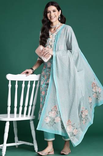 Women Floral Printed Regular Mirror Work Pure Cotton Kurta with Trousers & With Dupatta