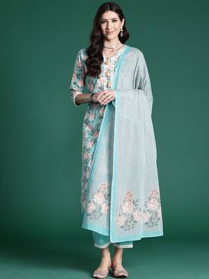 Women Floral Printed Regular Mirror Work Pure Cotton Kurta with Trousers & With Dupatta 5