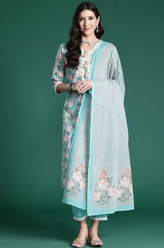 Women Floral Printed Regular Mirror Work Pure Cotton Kurta with Trousers & With Dupatta