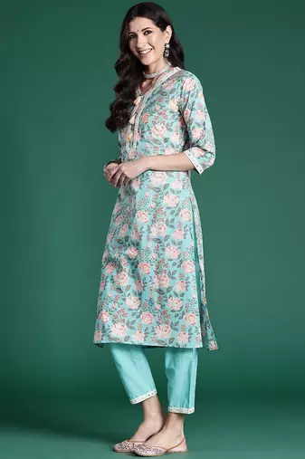 Women Floral Printed Regular Mirror Work Pure Cotton Kurta with Trousers & With Dupatta