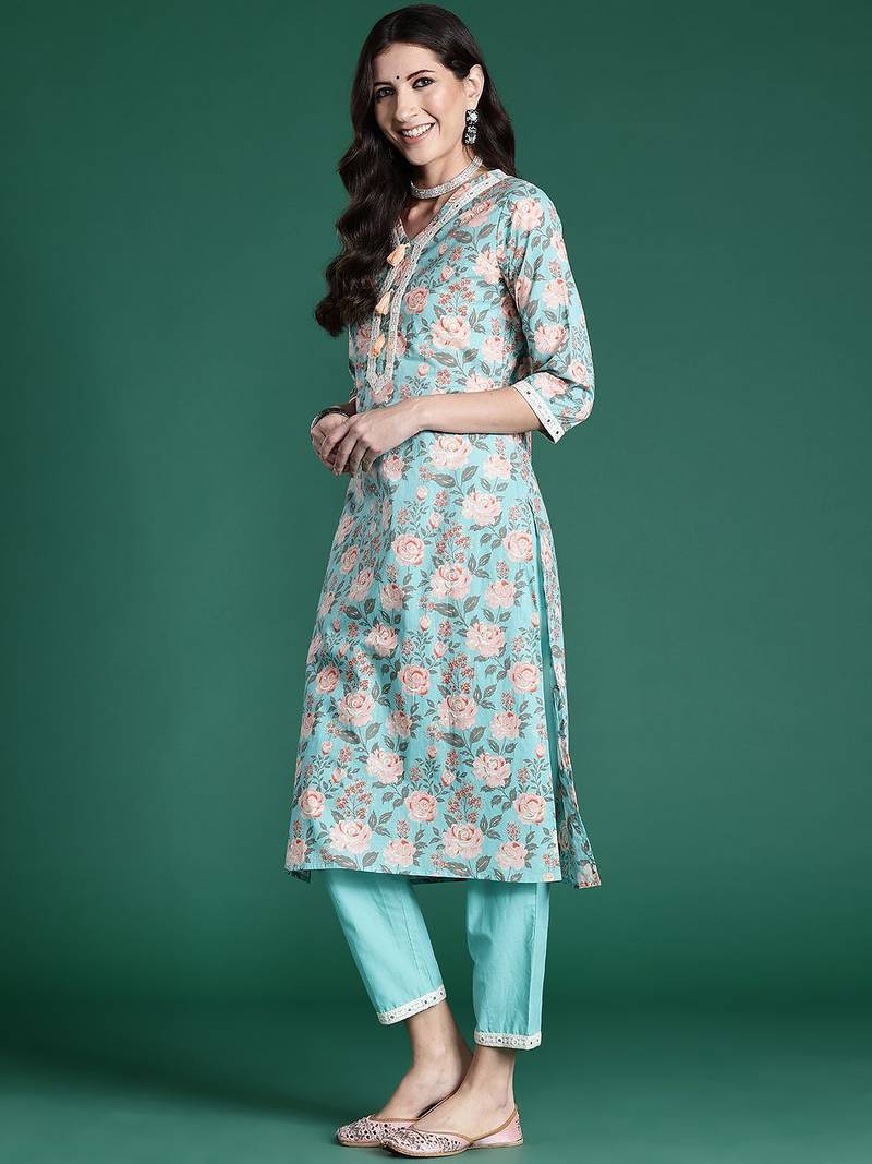 Women Floral Printed Regular Mirror Work Pure Cotton Kurta with Trousers & With Dupatta