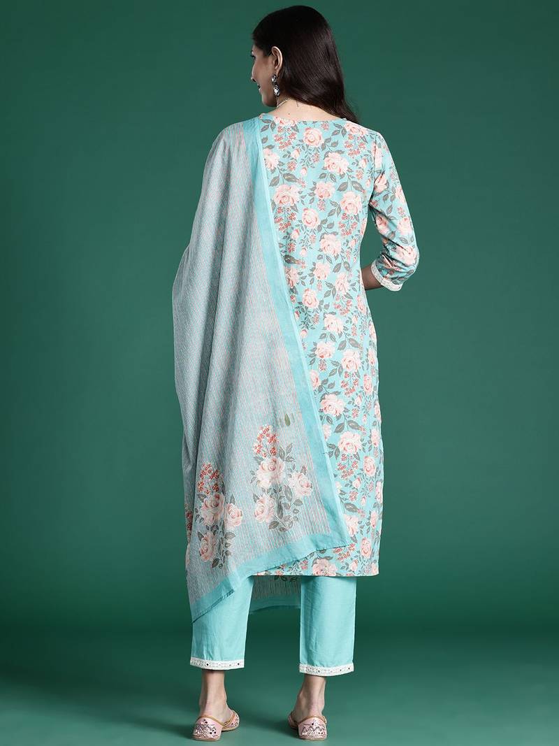 Women Floral Printed Regular Mirror Work Pure Cotton Kurta with Trousers & With Dupatta
