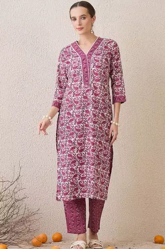 Paisley Printed V-Neck Pure Cotton Straight Kurta With Trousers