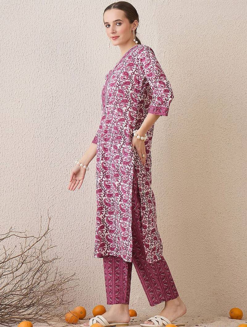 Paisley Printed V-Neck Pure Cotton Straight Kurta With Trousers