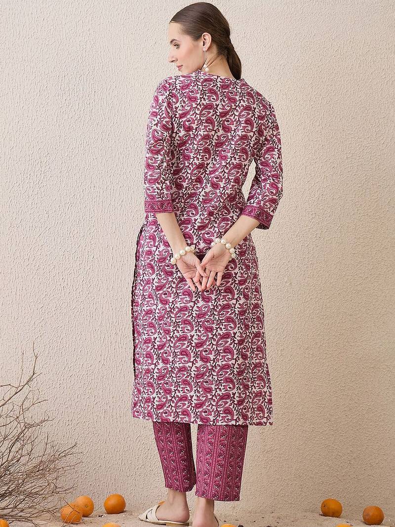 Paisley Printed V-Neck Pure Cotton Straight Kurta With Trousers