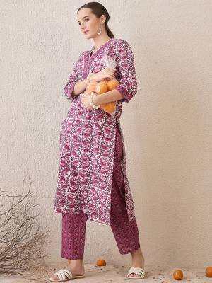 Paisley Printed V-Neck Pure Cotton Straight Kurta With Trousers 5