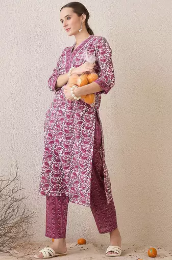 Paisley Printed V-Neck Pure Cotton Straight Kurta With Trousers