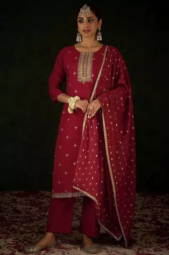 Women Ethnic Motifs Embroidered Regular Sequinned Kurta with Trousers & With Dupatta