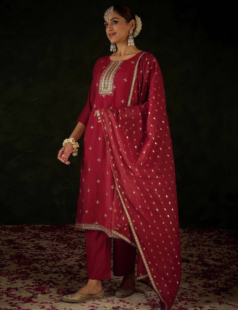 Women Ethnic Motifs Embroidered Regular Sequinned Kurta with Trousers & With Dupatta