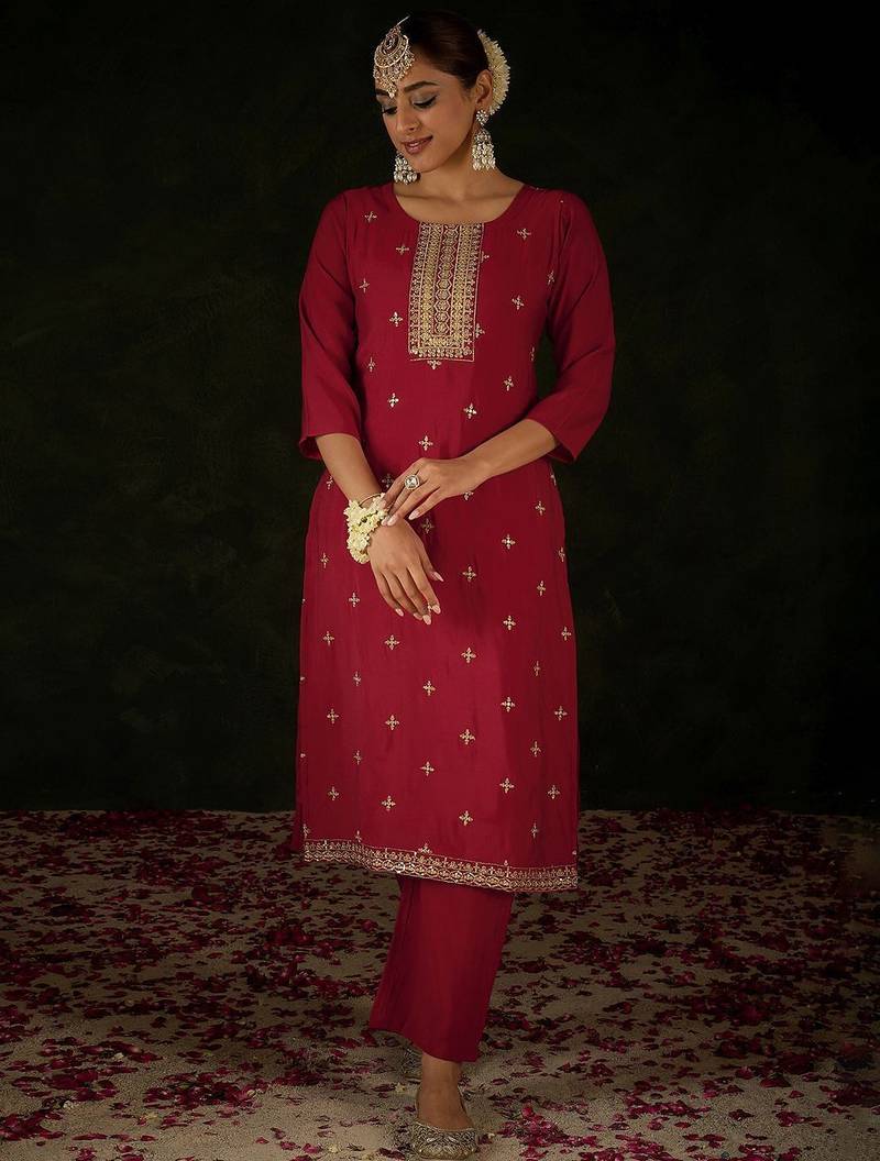 Women Ethnic Motifs Embroidered Regular Sequinned Kurta with Trousers & With Dupatta