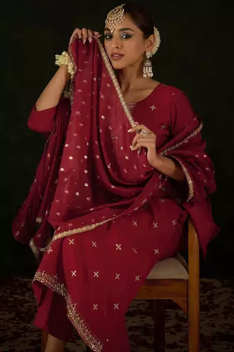 Women Ethnic Motifs Embroidered Regular Sequinned Kurta with Trousers & With Dupatta