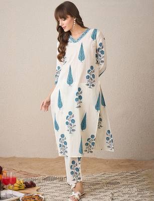 Floral Printed V-Neck Pure Cotton Kurta With Trouser 1