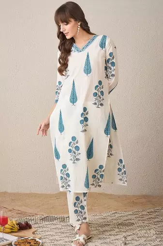 Floral Printed V-Neck Pure Cotton Kurta With Trouser