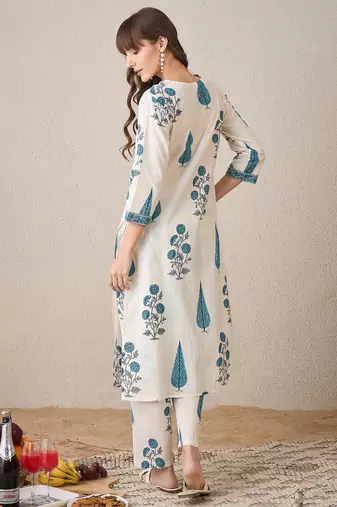 Floral Printed V-Neck Pure Cotton Kurta With Trouser