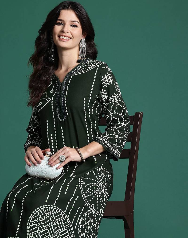 Printed Beads & Stones Kurta with Trousers