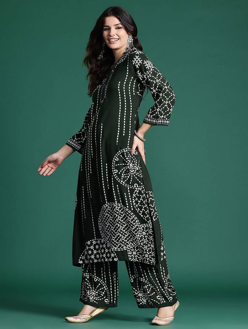 Printed Beads & Stones Kurta with Trousers