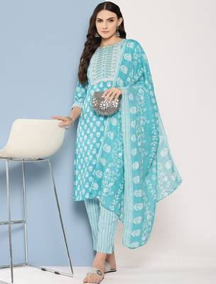 Floral Printed Sequinned Pure Cotton Straight Kurta With Trousers & Dupatta 1