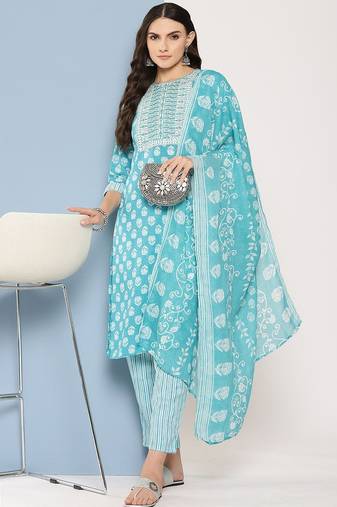 Floral Printed Sequinned Pure Cotton Straight Kurta With Trousers & Dupatta
