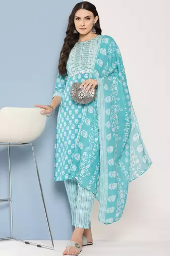 Floral Printed Sequinned Pure Cotton Straight Kurta With Trousers & Dupatta