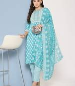 Floral Printed Sequinned Pure Cotton Straight Kurta With Trousers & Dupatta