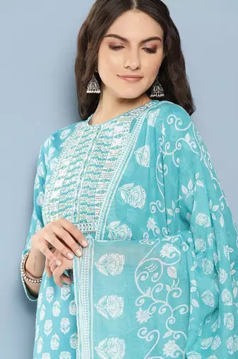 Floral Printed Sequinned Pure Cotton Straight Kurta With Trousers & Dupatta