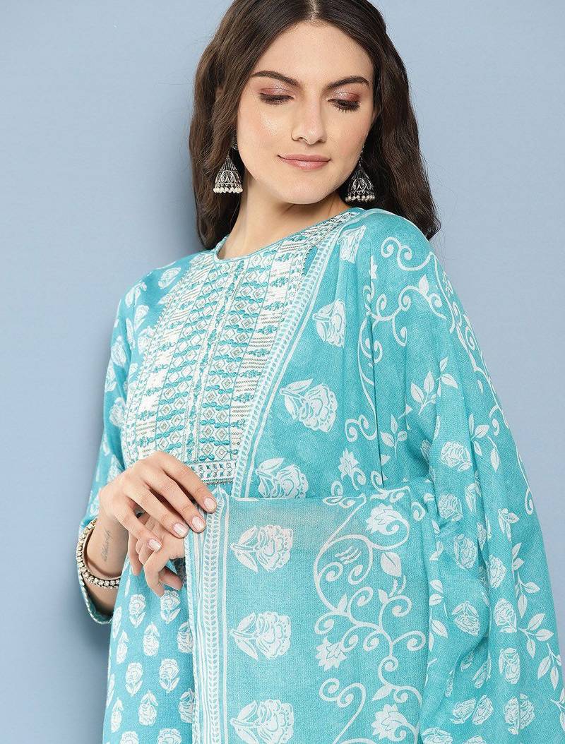 Floral Printed Sequinned Pure Cotton Straight Kurta With Trousers & Dupatta