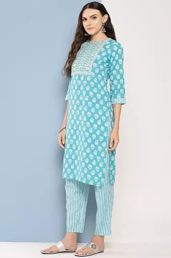 Floral Printed Sequinned Pure Cotton Straight Kurta With Trousers & Dupatta
