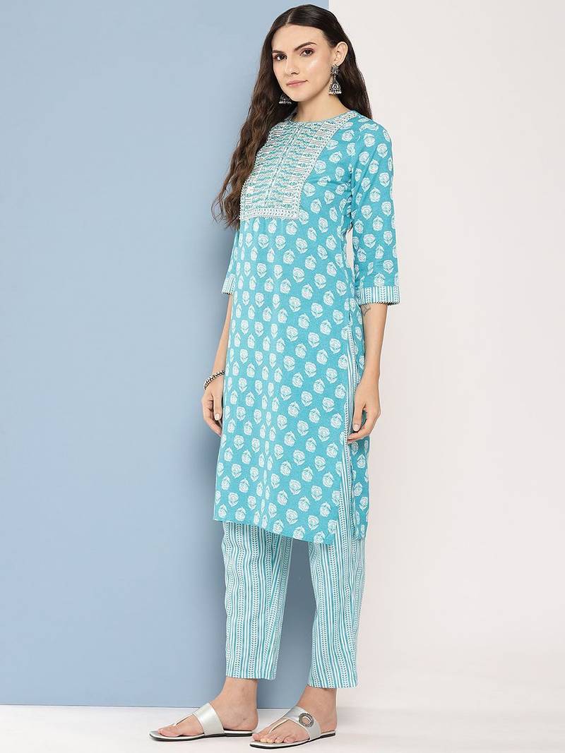 Floral Printed Sequinned Pure Cotton Straight Kurta With Trousers & Dupatta