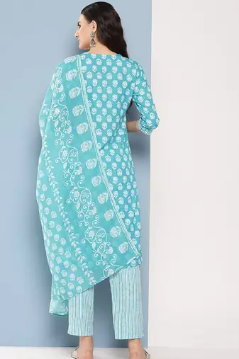 Floral Printed Sequinned Pure Cotton Straight Kurta With Trousers & Dupatta