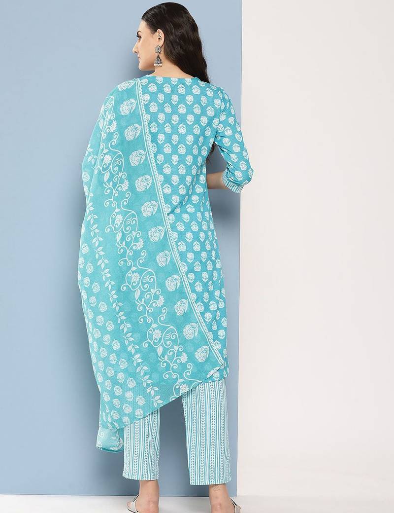 Floral Printed Sequinned Pure Cotton Straight Kurta With Trousers & Dupatta