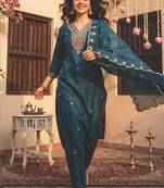 Women Ethnic Motifs Embroidered Regular Sequinned Kurta with Trousers & With Dupatta