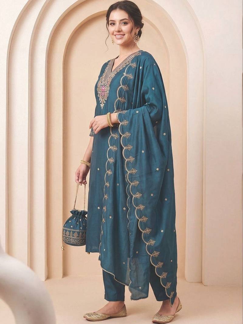 Women Ethnic Motifs Embroidered Kurta with Trousers & With Dupatta